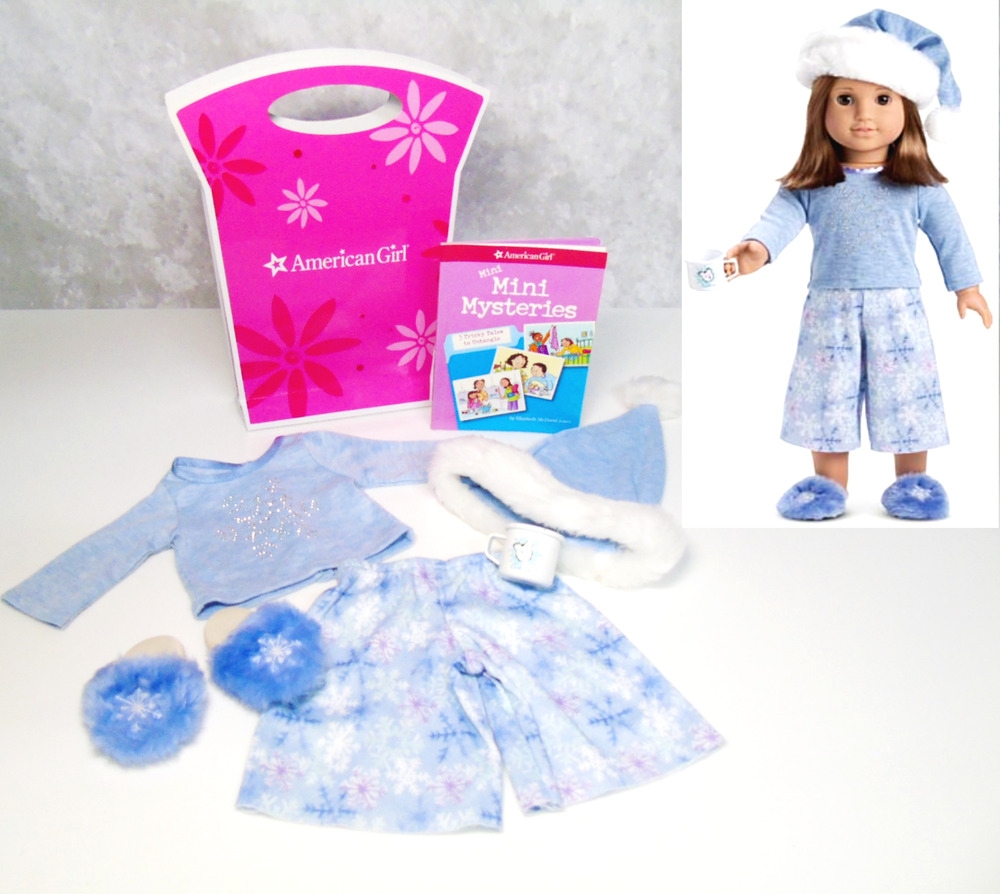 American Girl Let It Snow Pajamas Blue Snowflake Hat Slippers Sleep Set Pjs Box